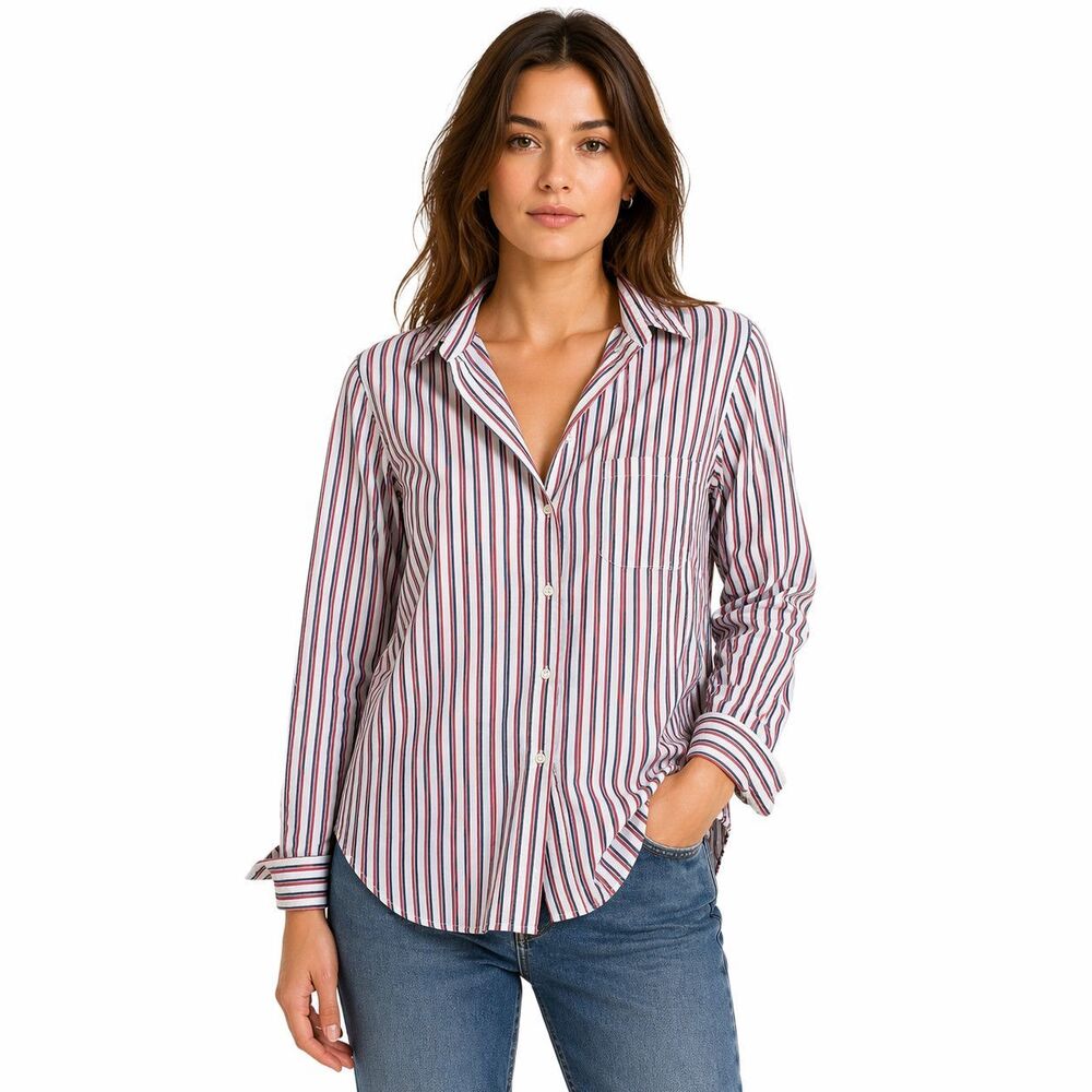 Grayson Shirt Womens Medium White Red Blue Striped Button Front Long Sleeve Top
